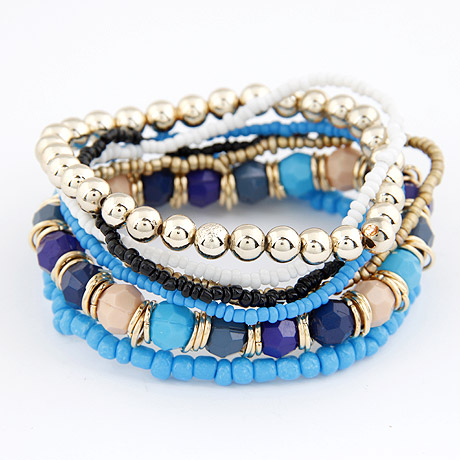 alliage de zinc Set de bracelet, avec perles de rocaille en verre & Acrylique, Rond, Placage de couleur d'or, bleu, sans plomb et cadmium, 170mm, Longueur Environ 6.69 pouce, 6Strandstoron/fixé, Vendu par fixé