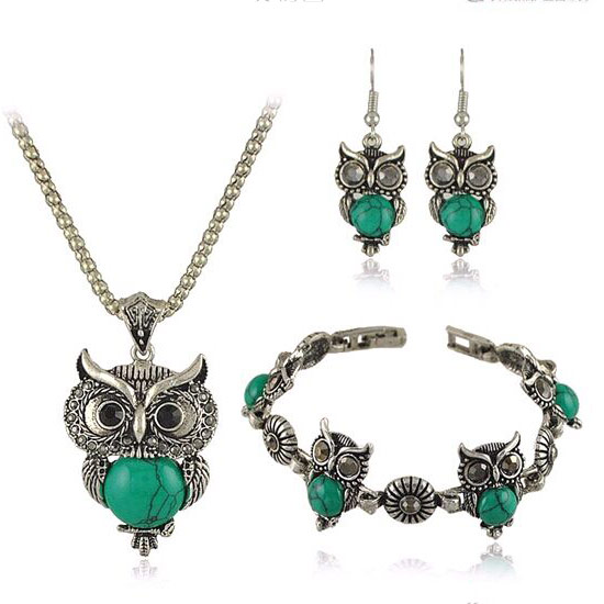 Turquoise Jewelry Sets, bracelet & earring & necklace, Tibetan Style, with 5cm extender chain, Owl, plated, lantern chain & with rhinestone, lead & cadmium free, 480mm, Length:Approx 19 Inch, Approx 7 Inch, Sold By Set