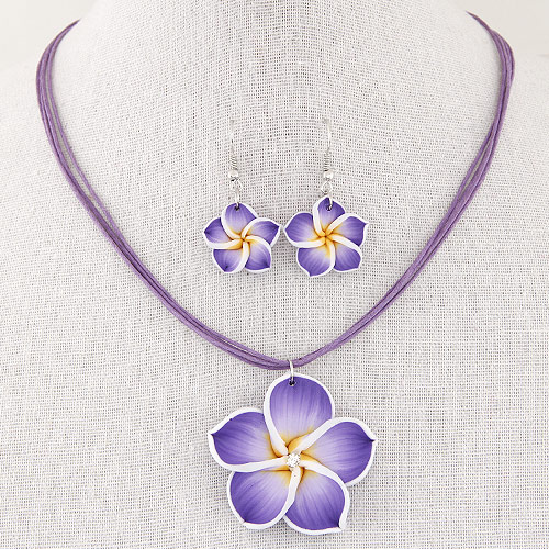 Arcilla polimero Conjunto de joya, pendiente & collar, con Cuerda de nylon encerado, Flor, hecho a mano, Púrpura, 40mm, 43x20mm, longitud aproximado 15.5 Inch, Vendido por Set