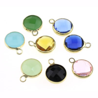 Brass Jewelry Pendants with Glass Flat Round gold color plated faceted mixed colors nickel lead & cadmium free Approx 1.5mm Sold By Lot