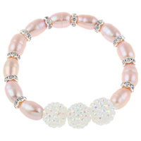 Freshwater Cultured Pearl Bracelet Freshwater Pearl with rhinestone brass spacer & Resin Rice natural with rhinestone pink 7-8mm Sold Per Approx 6.5 Inch Strand