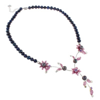 Freshwater Pearl Brass Necklace with Brass with 4.5cm extender chain Flower enamel & with rhinestone black 6-7mm Sold Per Approx 16 Inch Strand