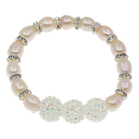 Freshwater Cultured Pearl Bracelet Freshwater Pearl with rhinestone brass spacer & Resin Rice natural with rhinestone light purple 7-8mm 12mm Sold Per Approx 5.5 Inch Strand