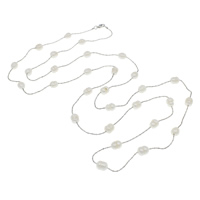 Sötvatten Pearl tröja kedja halsband, Freshwater Pearl, med mässing kedja, Ris, naturlig, kulkedja, vit, 7-8mm, Såld Per Ca 47 inch Strand