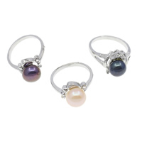 Freshwater Pearl Finger Ring Brass with pearl Flat Round platinum color plated with rhinestone mixed colors nickel lead & cadmium free 8-9mm US Ring Sold By Box