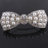 Zinc Alloy Hair Barrette Bowknot silver color plated with glass pearl & with rhinestone nickel lead & cadmium free 80mm Sold By Bag