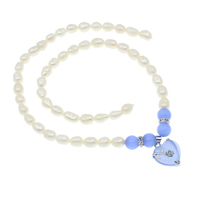 Freshwater Pearl Necklace Component, with Cats Eye & Brass, Heart, natural, with rhinestone, blue, 5-6mm, 8mm, 15x19x7mm, Hole:Approx 0.8mm, Sold Per Approx 15.7 Inch Strand