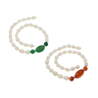 Gėlavandenių perlų karoliai komponentas, Gėlo vandens perlų, su Kalnų krištolas žalvario tarpiklis & Agatas, Ryžiai, natūralus, įvairios medžiagos pasirinkimas, baltas, 9-10mm, 10mm, 21x15mm, Skylė:Apytiksliai 0.8mm, Parduota už Apytiksliai 15.7 Inch Strand