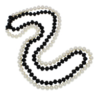 Gėlavandenių perlų Megztinis grandinės karoliai, Gėlo vandens perlų, su Krištolas, Bulvė, natūralus, briaunotas, 7-8mm, 8x5mm, Parduota už Apytiksliai 47 Inch Strand