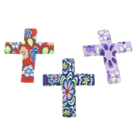 Polymer Ton Anhänger, Kreuz, handgemacht, mit Blumenmuster, gemischte Farben, 46x60x4mm, Bohrung:ca. 1.5mm, 100PCs/Tasche, verkauft von Tasche