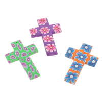 Polymer Ton Anhänger, Kreuz, handgemacht, mit Blumenmuster, gemischte Farben, 30x45x3mm, Bohrung:ca. 1mm, 100PCs/Tasche, verkauft von Tasche