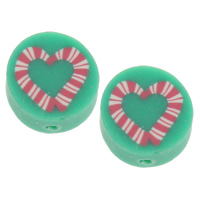 Polymer Clay Beads Flat Round handmade with heart pattern green Approx 1.5mm Sold By Bag