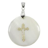 Natural White Shell Pendants with brass bail Flat Round with cross pattern & gold accent Approx Sold By Bag