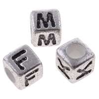 Alphabet Acrylic Beads Cube antique silver color plated & with letter pattern Sold By Bag