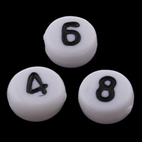 Numero akryyli Helmi, Litteä pyöreä, sekoitettu malli & jossa numero kuvio, valkoinen, 7x4mm, Reikä:N. 1mm, N. 3600PC/laukku, Myymät laukku