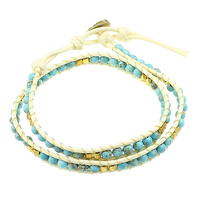 Wrap Bracelet Turquoise with Waxed Cotton Cord & Brass stainless steel clasp gold color plated adjustable &  light blue nickel lead & cadmium free 7mm 4mm Length 14-16 Inch Sold By Lot