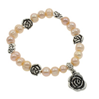 Freshwater Cultured Pearl Bracelet Freshwater Pearl with Zinc Alloy Flower natural charm bracelet pink 8-9mm  Sold Per Approx 6 Inch Strand