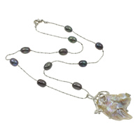 Sladkovodní Pearl mosaz řetěz náhrdelník, s Perleť & Mosaz, přírodní, řetízek, 6-7mm, 31x42x10mm, Prodáno za Cca 17 inch Strand