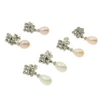 Pendientes de Perlas de Freshwater, metal, con perla, Gota, chapado en color de platina, con diamantes de imitación, color mixto, 7-8mm, 22mm, 3parespareja/Bolsa, Vendido por Bolsa