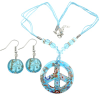 Lampwork Jewelry Sets earring & necklace with Waxed Cotton Cord & Crystal with 2lnch extender chain platinum color plated  & faceted & gold sand & inner flower light blue 8mm 1mm 37mm Length Approx 17 Inch Sold By Lot