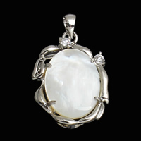 Natural White Shell Pendants, Brass, with White Shell, Flat Oval, platinum color plated, with cubic zirconia, nickel, lead & cadmium free, 18x31x6mm, Hole:Approx 3.5x5mm, Sold By PC