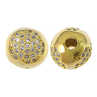 Cubic Zirconia Micro Pave Brass Beads Round real gold plated with flower pattern & micro pave cubic zirconia 10mm Approx 2.5mm Sold By Lot