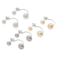 Double Faced Stud Earring Freshwater Pearl brass post pin Dome natural 5-6mm 7-8mm Sold By Pair