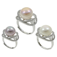 Freshwater Pearl Finger Ring with Brass natural with 925 logo & adjustable & micro pave cubic zirconia 12-13mm US Ring Sold By PC