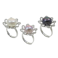 Freshwater Pearl Finger Ring with Brass Flower natural adjustable & micro pave cubic zirconia 12-13mm US Ring Sold By PC