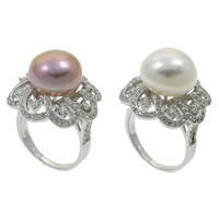 Freshwater Pearl Finger Ring with Brass Flower natural with 925 logo & micro pave cubic zirconia 13-14mm US Ring .5 Sold By PC