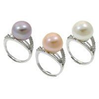 Freshwater Pearl Finger Ring with Brass Dome natural with 925 logo & adjustable & micro pave cubic zirconia 12-13mm US Ring .5 Sold By PC