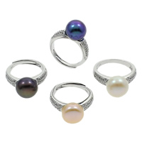 Pierścień z perłami słodkowodnymi, Perła naturalna słodkowodna, ze Mosiądz, Guzik, Platerowane w kolorze srebra, 925 logo & regulowany & mikro utorować cyrkonia, dostępnych więcej kolorów, 11-11.5mm, 21x29x5mm, rozmiar:6.5, sprzedane przez PC