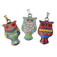 Tibetan Style Animal Pendants, Owl, plated, different designs for choice & enamel, nickel, lead & cadmium free, 17.50x33x2mm, Hole:Approx 3x6mm, 2Bags/Lot, 5PCs/Bag, Sold By Lot