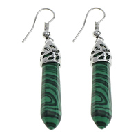 Malachite Drop Earring with Brass pendulum platinum color plated natural nickel lead & cadmium free 52.5mm Sold By Lot