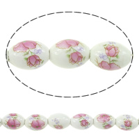 Printing Porcelain Beads, Oval, with flower pattern, 15x11mm, Hole:Approx 3mm, Length:Approx 14 Inch, 5Strands/Lot, Approx 23PCs/Strand, Sold By Lot