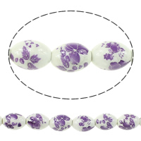 Udskrivning af porcelæn perler, Oval, med blomstermønster & to tone, 15x11mm, Hole:Ca. 3mm, Længde Ca. 14 inch, 5Strands/Lot, Ca. 23pc'er/Strand, Solgt af Lot