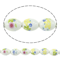 Udskrivning af porcelæn perler, Oval, med blomstermønster, 15x11mm, Hole:Ca. 3mm, Længde Ca. 13.5 inch, 5Strands/Lot, Ca. 23pc'er/Strand, Solgt af Lot
