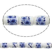 Udskrivning af porcelæn perler, Kolonne, med blomstermønster & to tone, 12x8mm, Hole:Ca. 2mm, Længde Ca. 13.5 inch, 5Strands/Lot, Ca. 28pc'er/Strand, Solgt af Lot