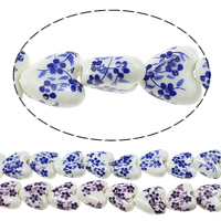 Impression de porcelaine, perles, porcelaine, coeur, avec le motif de fleurs, plus de couleurs à choisir, 15x15x7mm, Trou:Environ 3mm, Longueur Environ 13.2 pouce, 5Strandstoron/lot, Environ 25PC/brin, Vendu par lot