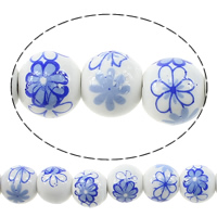 Udskrivning af porcelæn perler, Runde, med blomstermønster & to tone, 11.50x12mm, Hole:Ca. 3mm, Længde Ca. 13.5 inch, 5Strands/Lot, Ca. 30pc'er/Strand, Solgt af Lot