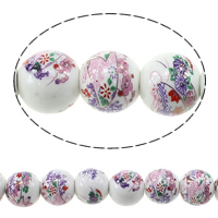 Printing Porcelain Beads, Round, with flower pattern, 11x12mm, Hole:Approx 3mm, Length:Approx 13 Inch, 5Strands/Lot, Approx 30PCs/Strand, Sold By Lot