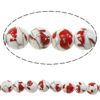Printing Porcelain Beads, Round, with flower pattern, 10mm, Hole:Approx 2mm, Length:Approx 13.5 Inch, 5Strands/Lot, Approx 35PCs/Strand, Sold By Lot