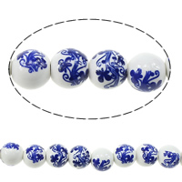 Udskrivning af porcelæn perler, Runde, med blomstermønster & to tone, 10mm, Hole:Ca. 2mm, Længde Ca. 13.5 inch, 5Strands/Lot, Ca. 35pc'er/Strand, Solgt af Lot