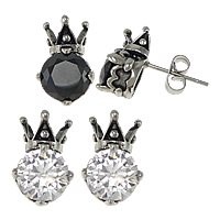 Stainless Steel Stud Earrings, Crown, with cubic zirconia & blacken, more colors for choice, 8x13x6mm, 6Pairs/Lot, Sold By Lot