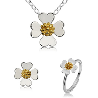 925 Sterling Silver Jewelry Sets, finger ring & earring & necklace, with 1Inch extender chain, Four Leaf Clover, oval chain & two tone, 10.5x10.5mm,9x9mm,9x9mm, US Ring Size:9, Length:Approx 16 Inch, 2Sets/Lot, Sold By Lot