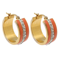 Stainless Steel Hoop Earring with Rhinestone Clay Pave Bead Donut gold color plated enamel & with rhinestone Sold By Pair