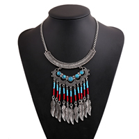 Vintage Coin Statement Necklace Zinc Alloy with turquoise & Japanese Glass Seed Bead with 1lnch extender chain Leaf antique silver color plated twist oval chain nickel lead & cadmium free 13mm 35mm 40mm 120mm 113mm Length Approx 17 Inch Sold By Lot