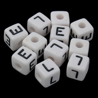 Alphabet Akril gyöngyök, Kocka, különböző modellek a választás & A levél minta & egyszínű, fehér, 10x10mm, Lyuk:Kb 3mm, Kb 625PC-k/Bag, Által értékesített Bag