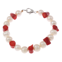 Freshwater Cultured Pearl Bracelet Freshwater Pearl with Natural Coral brass clasp Potato natural white 9-10mm Sold Per Approx 7 Inch Strand