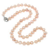 Gėlo vandens perlų Žalvaris grandinės karoliai, žalvarinis sąsaga, Bulvė, natūralus, įvairaus ilgio pasirinkimo & įvairių stilių pasirinkimas, rožinis, 6-7mm, Pardavė Strand